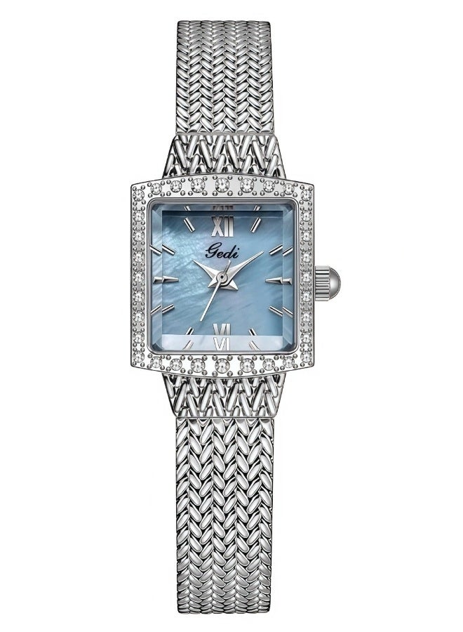 gedi Women's Luxury Square Watch - Crystal Studded Case with Blue Mother of Pearl Dial & Braided Metal Strap | Elegant Formal Wristwatch - Image 2