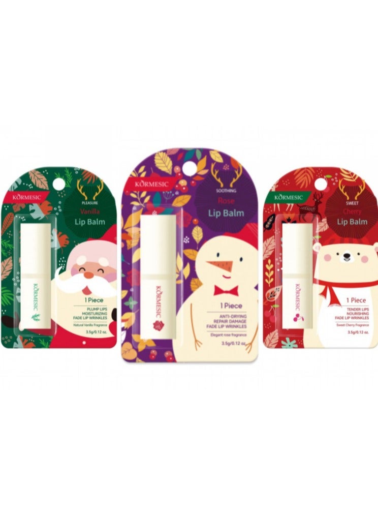 Kormesic 3-in-1 Lip Balm Set - Rose, Sweet Cherry, Vanilla 3.5g, Nourishing & Moisturizing - Image 1