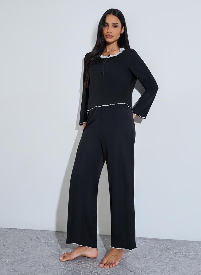 Styli Black Solid Lace Neck Contrast Trims Top and Pants Pyjama Set - Image 1