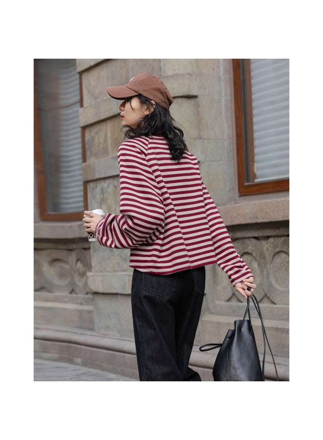 dme [Urban Parallel Lines] Spring Vintage Color-Block Striped Crew Neck Top, Loose-Fitting, Flattering, Comfortable, Versatile Women'S Sweatshirt - Image 2