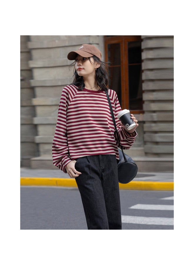 dme [Urban Parallel Lines] Spring Vintage Color-Block Striped Crew Neck Top, Loose-Fitting, Flattering, Comfortable, Versatile Women'S Sweatshirt - Image 5