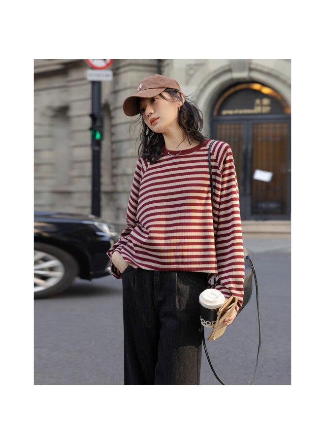 dme [Urban Parallel Lines] Spring Vintage Color-Block Striped Crew Neck Top, Loose-Fitting, Flattering, Comfortable, Versatile Women'S Sweatshirt - Image 3