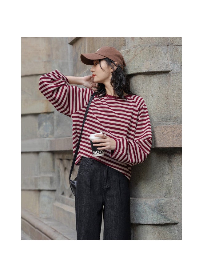 dme [Urban Parallel Lines] Spring Vintage Color-Block Striped Crew Neck Top, Loose-Fitting, Flattering, Comfortable, Versatile Women'S Sweatshirt - Image 4