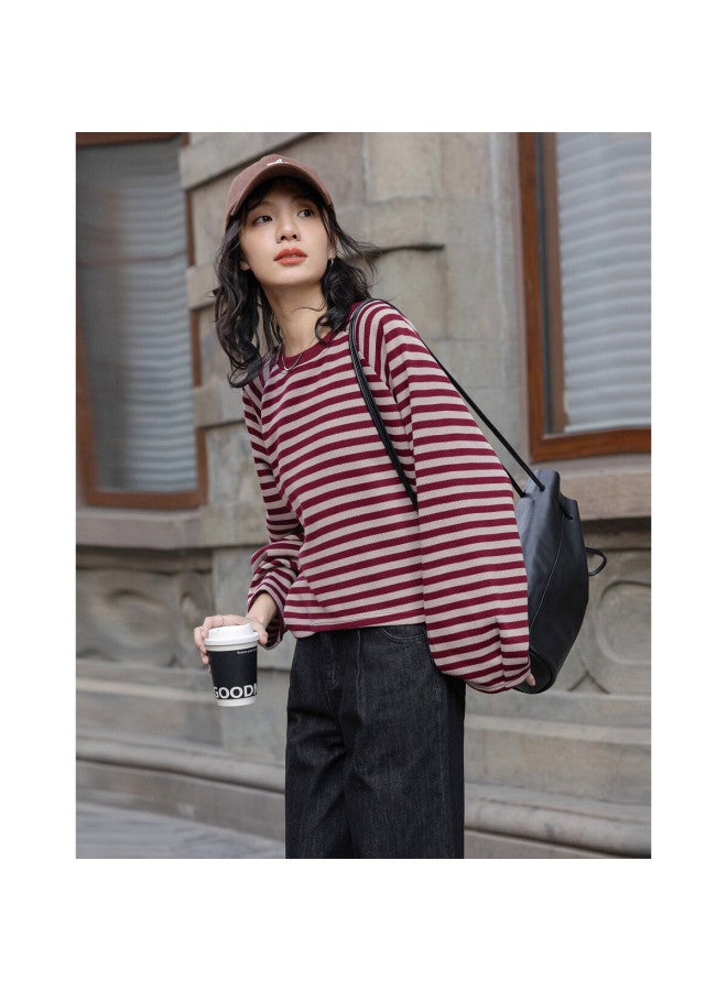dme [Urban Parallel Lines] Spring Vintage Color-Block Striped Crew Neck Top, Loose-Fitting, Flattering, Comfortable, Versatile Women'S Sweatshirt - Image 1