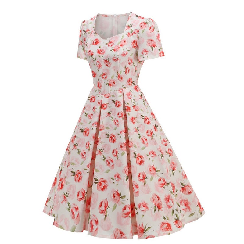 Vintage Floral Print Short Sleeve V-Neck Midi Dress - Image 1