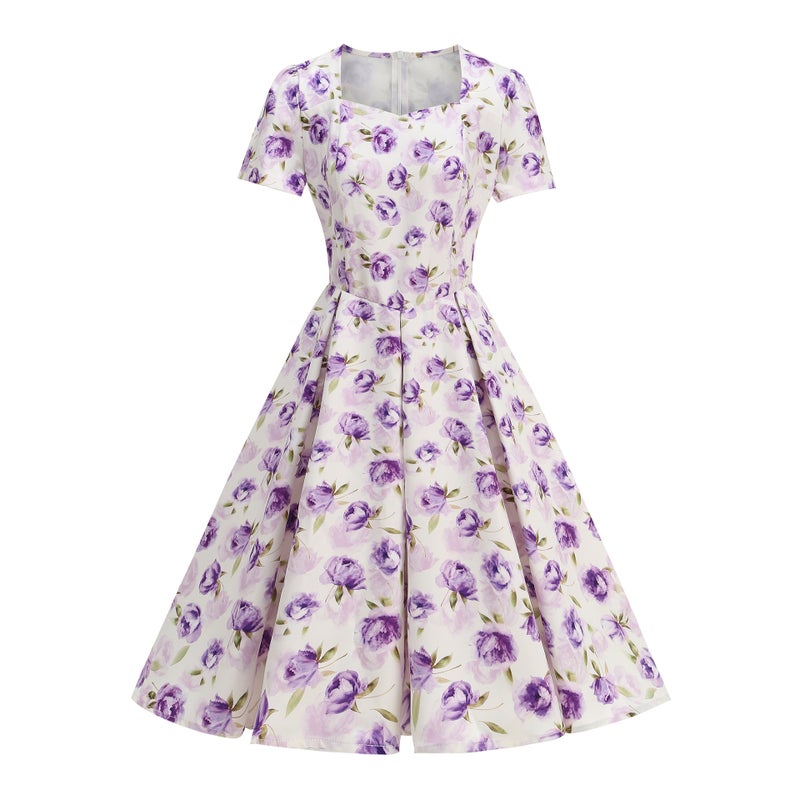 Vintage Floral Print Short Sleeve V-Neck Midi Dress - Image 2