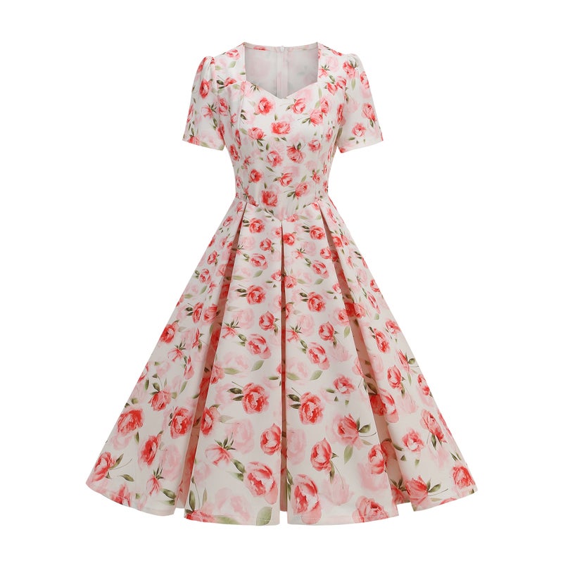 Vintage Floral Print Short Sleeve V-Neck Midi Dress - Image 4