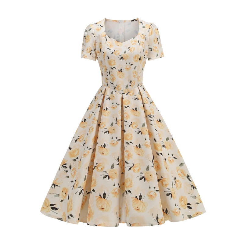 Vintage Floral Print Short Sleeve V-Neck Midi Dress - Image 3