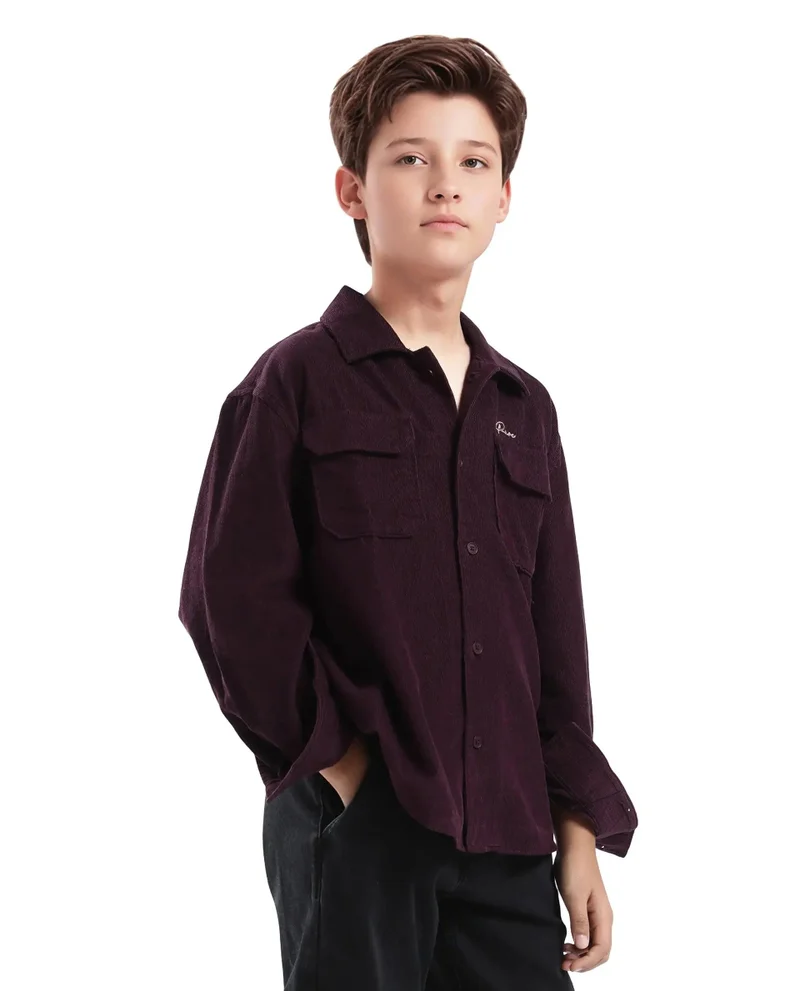 Rare Ones Rare Ones Kids Cord Maroon Cotton Full Sleeve Button Embroidered Regular Fit Shirt