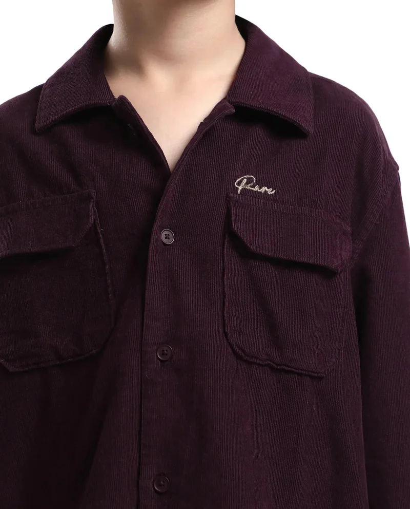 Rare Ones Rare Ones Kids Cord Maroon Cotton Full Sleeve Button Embroidered Regular Fit Shirt
