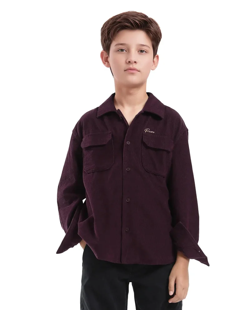 Rare Ones Rare Ones Kids Cord Maroon Cotton Full Sleeve Button Embroidered Regular Fit Shirt