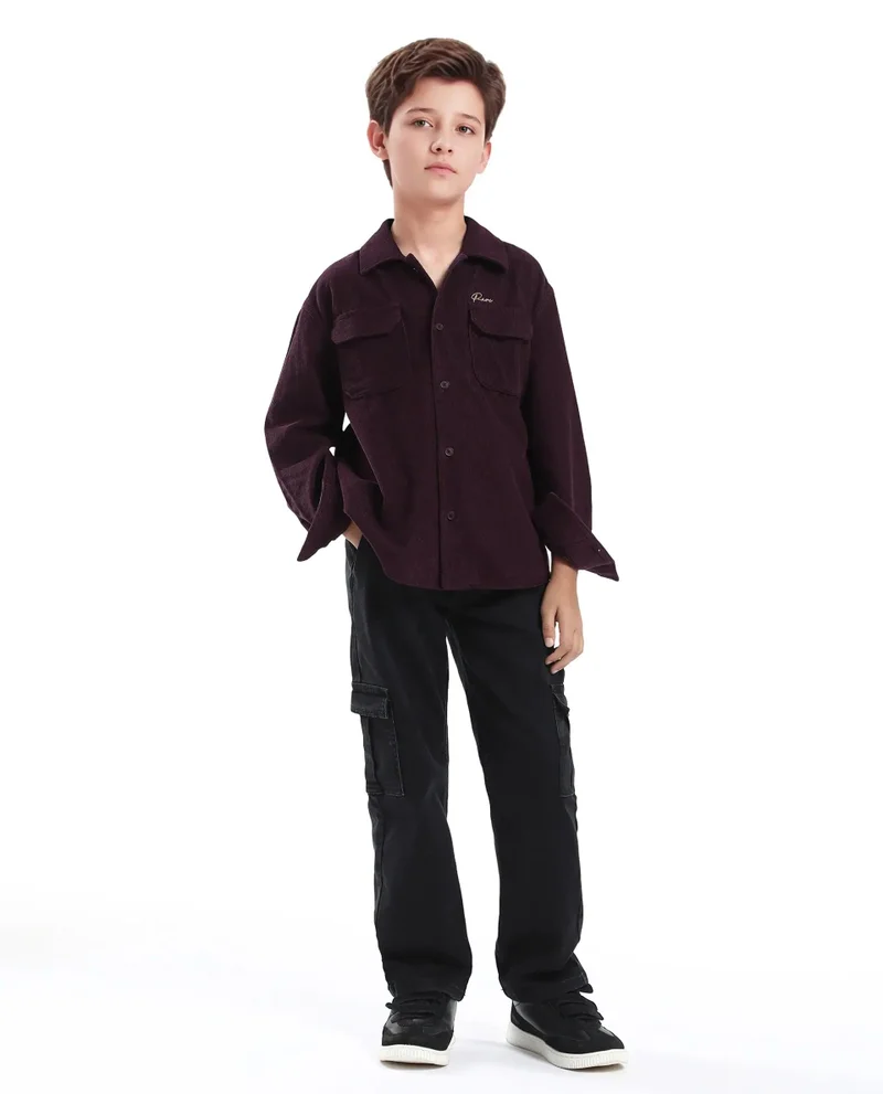 رير ونز Rare Ones Kids Cord Maroon Cotton Full Sleeve Button Embroidered Regular Fit Shirt