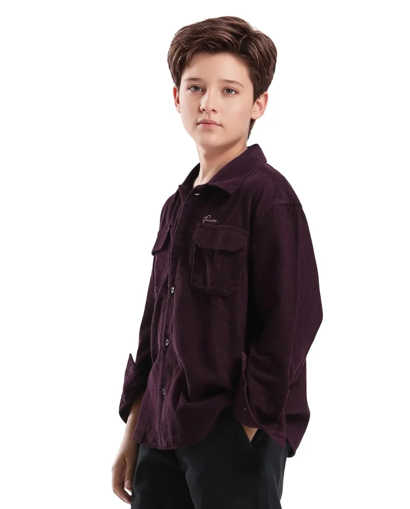 Rare Ones Rare Ones Kids Cord Maroon Cotton Full Sleeve Button Embroidered Regular Fit Shirt