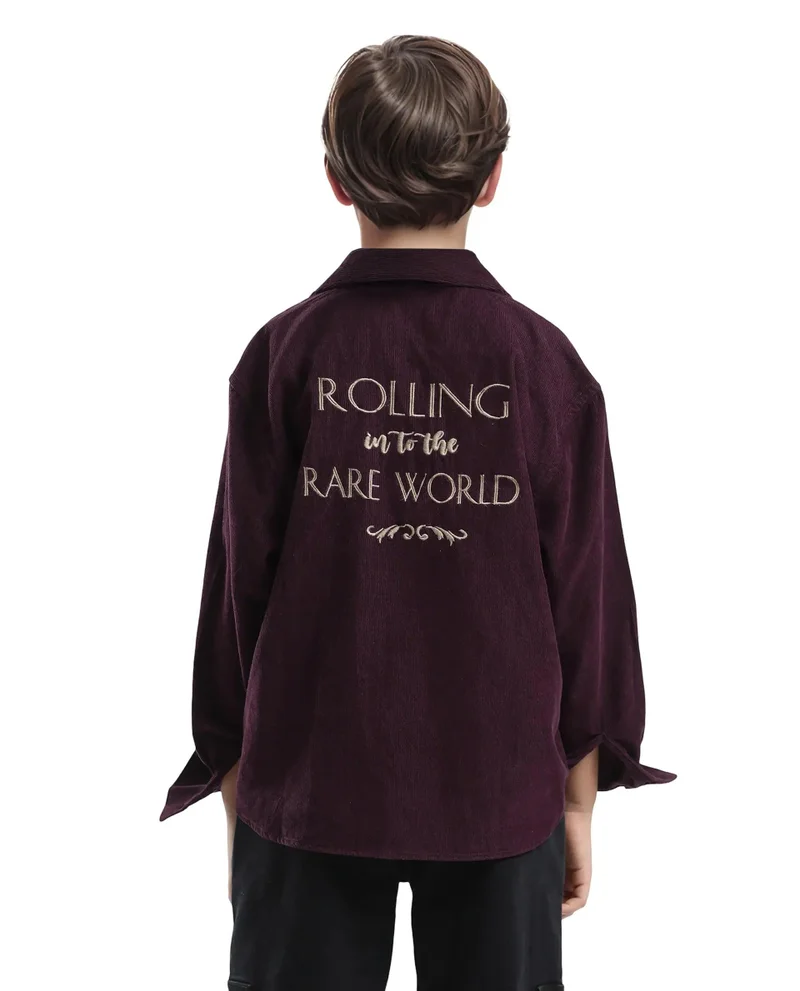 Rare Ones Rare Ones Kids Cord Maroon Cotton Full Sleeve Button Embroidered Regular Fit Shirt