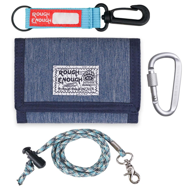 RE ROUGH ENOUGH Rough Enough Kids Wallet for Boys Teen Men with Neck Lanyard Keychain in Cool Classic Denim Blue Canvas - Image 1