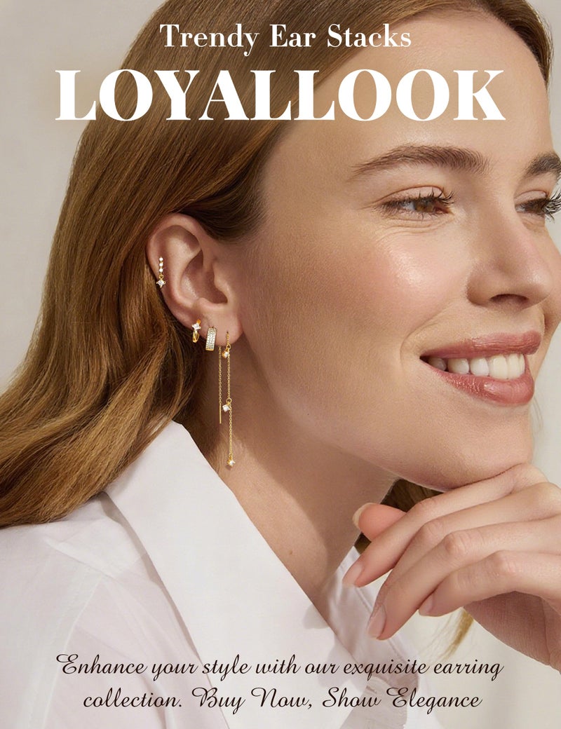 LOYALLOOK Silver Plated Earrings for Women Hypoallergenic - Surgical Stainless Steel Stud Hoop Earring Stacks Cute Ear Cuff Chain Cartilage Earring Sets for Multiple Piercing Trendy Jewelry - Image 2