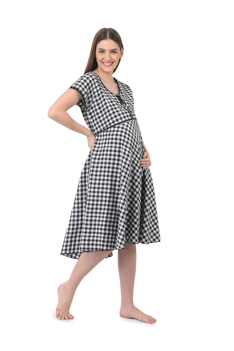 Noty Store Noty® Women's-Soft Cotton- Maternity Nighty/Nursing Nighty/Midi/Gown/Nightdress/Nightwear- Checks-Short Sleeves, V-Neck, Middi with Belt (Free Size, Black-White) - Image 1