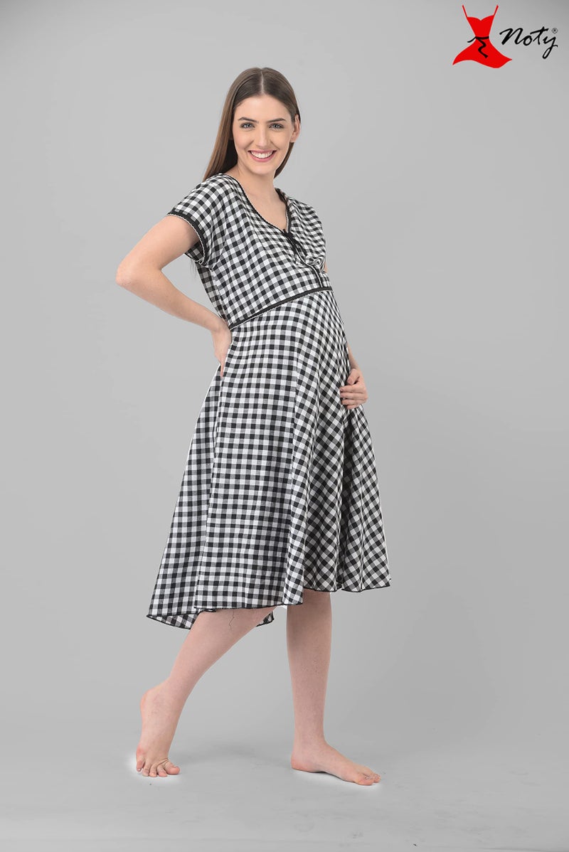 Noty Store Noty® Women's-Soft Cotton- Maternity Nighty/Nursing Nighty/Midi/Gown/Nightdress/Nightwear- Checks-Short Sleeves, V-Neck, Middi with Belt (Free Size, Black-White) - Image 3