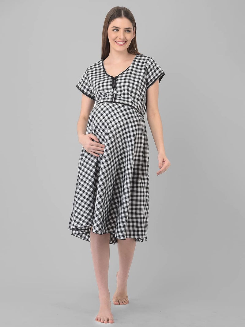 Noty Store Noty® Women's-Soft Cotton- Maternity Nighty/Nursing Nighty/Midi/Gown/Nightdress/Nightwear- Checks-Short Sleeves, V-Neck, Middi with Belt (Free Size, Black-White) - Image 2