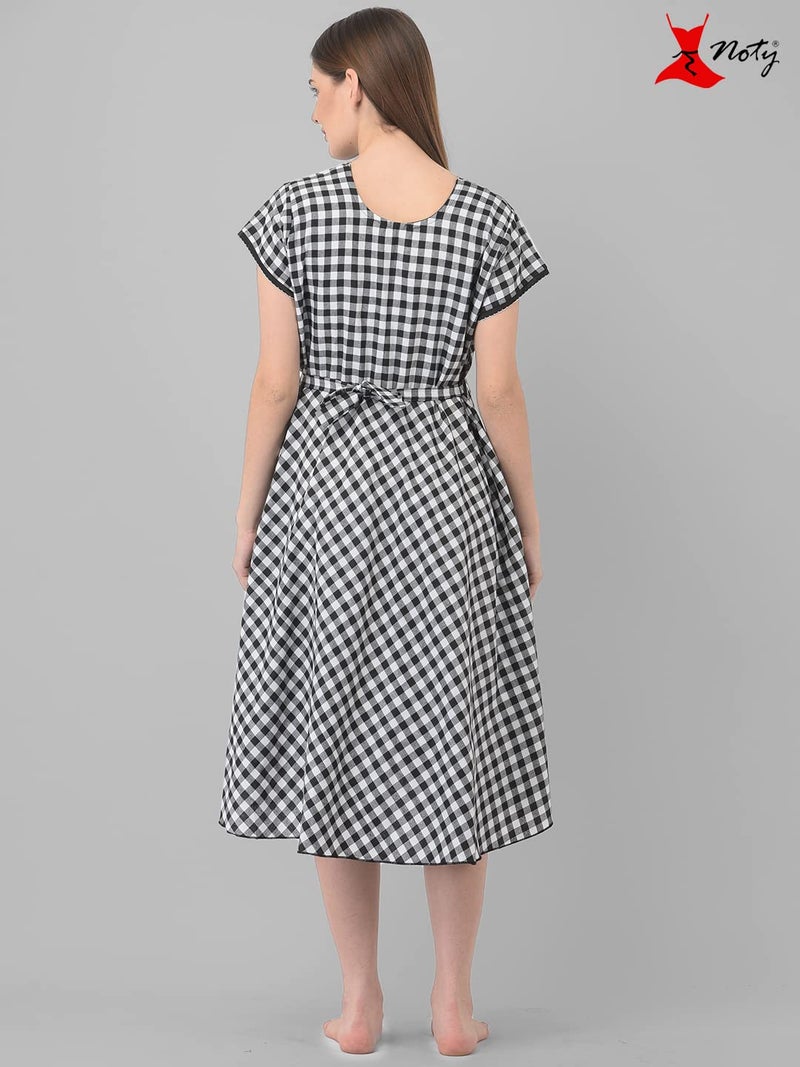 Noty Store Noty® Women's-Soft Cotton- Maternity Nighty/Nursing Nighty/Midi/Gown/Nightdress/Nightwear- Checks-Short Sleeves, V-Neck, Middi with Belt (Free Size, Black-White) - Image 5