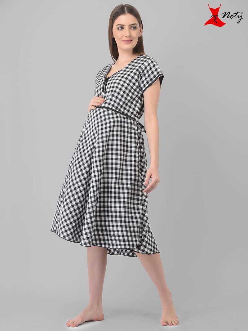 Noty Store Noty® Women's-Soft Cotton- Maternity Nighty/Nursing Nighty/Midi/Gown/Nightdress/Nightwear- Checks-Short Sleeves, V-Neck, Middi with Belt (Free Size, Black-White) - Image 4
