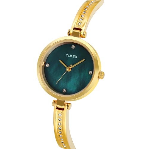 TIMEX Analog Watch for Women with Mother of Pearl Green Round Dial & Gold Brass Bracelet Band Water Resistant Women's Wrist Watches - TWEL200SMU03 - Image 3