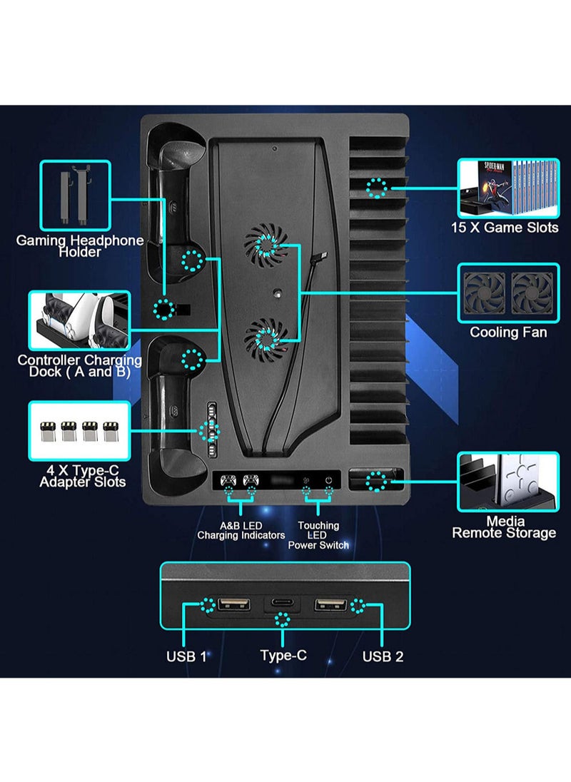 MissTiara - PS5 Touch Screen Vertical Cooling Stand for PS5 Digital Edition/Ultra HD Console Charging Station Dock with PS5 Headset Holder and 15 Game Slots - Image 1