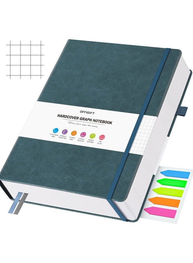 OFFIGIFT Graph Paper Notebook, 312 Numbered Pages A5 Hardcover Leather Journal, 100gsm No Bleed Grid Paper Notebook with Index Pages, Grid Notebook for Graphing Notes Math, 5.75" x 8.38", Grey Blue - Image 1