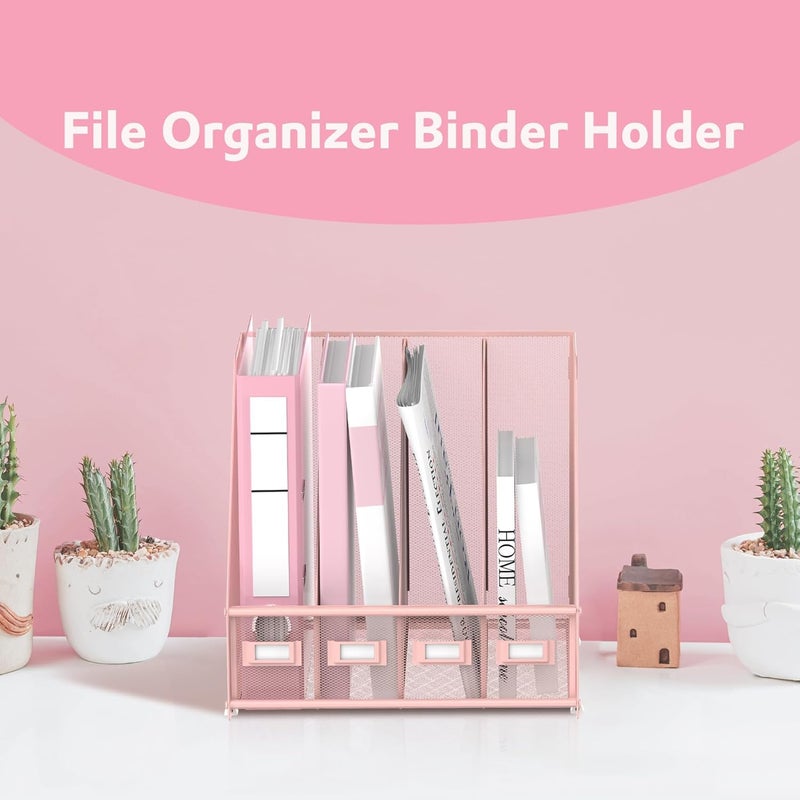 SUPEASY Magazine File Holder Desk Organiser, Metal Binder Holder with 4 Vertical Compartments for Office, Home, School, Pink - Image 2