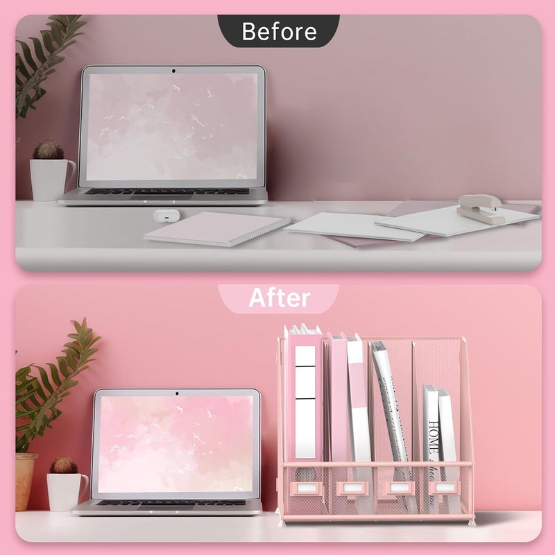 SUPEASY Magazine File Holder Desk Organiser, Metal Binder Holder with 4 Vertical Compartments for Office, Home, School, Pink - Image 5