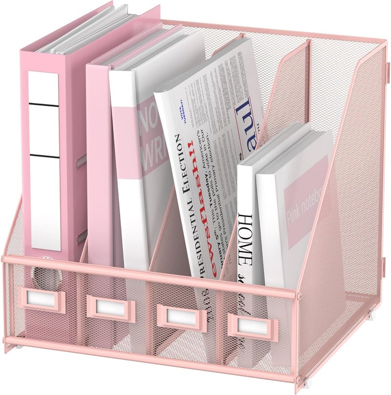 SUPEASY Magazine File Holder Desk Organiser, Metal Binder Holder with 4 Vertical Compartments for Office, Home, School, Pink - Image 1