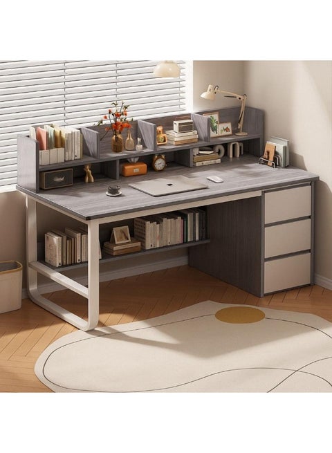 Home Office Desk With 3 Large Drawers And Open Shelves Computer Table Study Working Table Gaming Desk With Storage Heavy Duty Desk (140 * 50 * 103cm-Grey Color)
