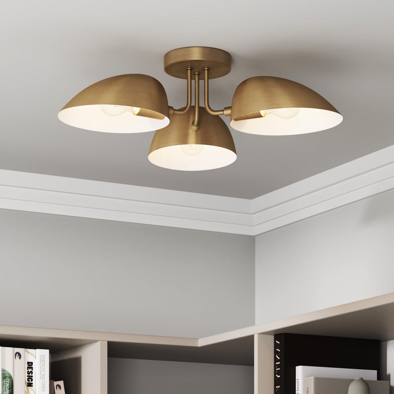 Nathan James Argo Semi Mount Flush Ceiling Light, 3-Lights Modern Retro Lighting with Black Rounded Shades for Hallway, Dining Room and Bedroom, Vintaged Brass - Image 1