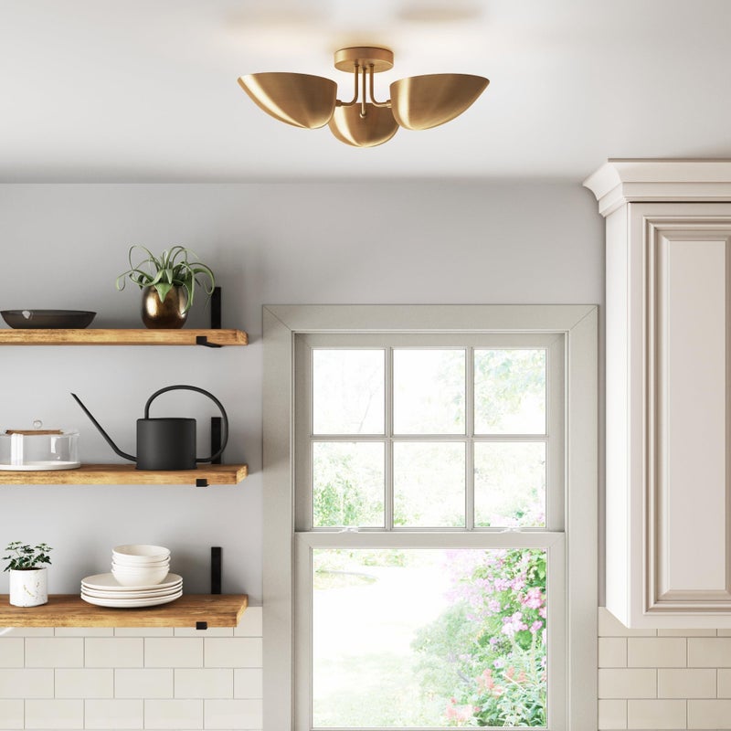 Nathan James Argo Semi Mount Flush Ceiling Light, 3-Lights Modern Retro Lighting with Black Rounded Shades for Hallway, Dining Room and Bedroom, Vintaged Brass - Image 2