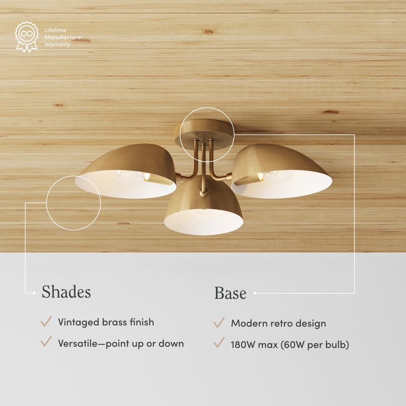 Nathan James Argo Semi Mount Flush Ceiling Light, 3-Lights Modern Retro Lighting with Black Rounded Shades for Hallway, Dining Room and Bedroom, Vintaged Brass - Image 3