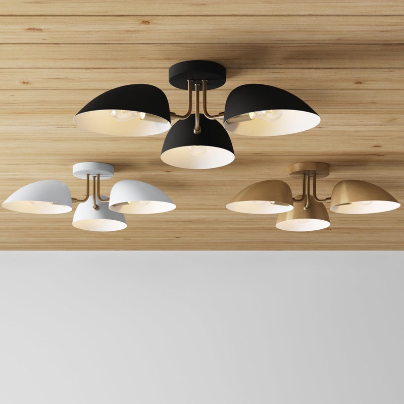 Nathan James Argo Semi Mount Flush Ceiling Light, 3-Lights Modern Retro Lighting with Black Rounded Shades for Hallway, Dining Room and Bedroom, Vintaged Brass - Image 5