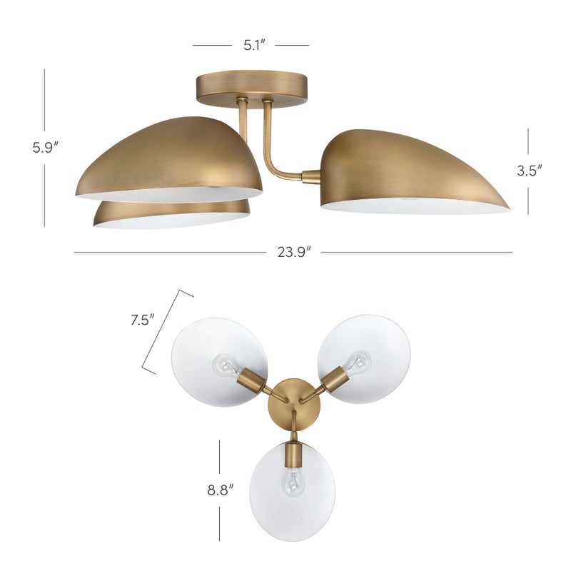Nathan James Argo Semi Mount Flush Ceiling Light, 3-Lights Modern Retro Lighting with Black Rounded Shades for Hallway, Dining Room and Bedroom, Vintaged Brass - Image 4