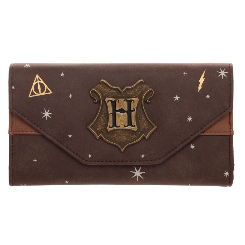 Bioworld Harry Potter Hogwarts Metal Crest Foldover Flap Wallet Satchel Clutch Purse  - Image 1