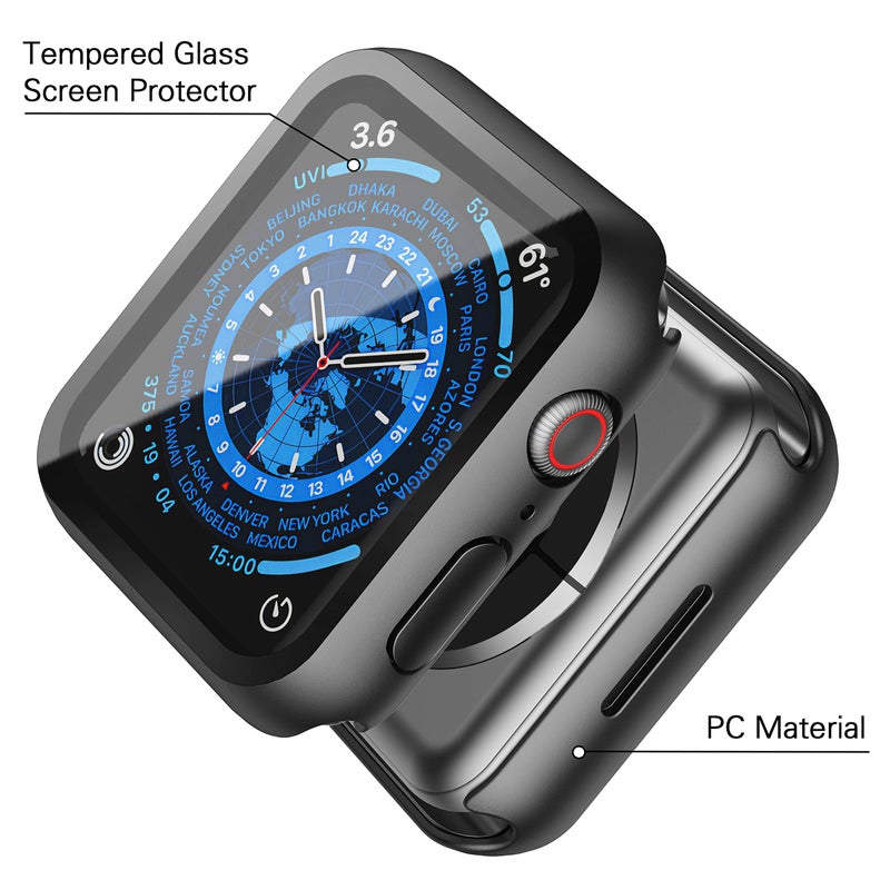 Misxi 2 Pack Hard PC Case with Tempered Glass Screen Protector Compatible with Apple Watch Series 9 (2023) Series 8 Series 7 41mm, Ultra-Thin Scratch Resistant Cover for iWatch S9/S8/S7, Black - Image 3