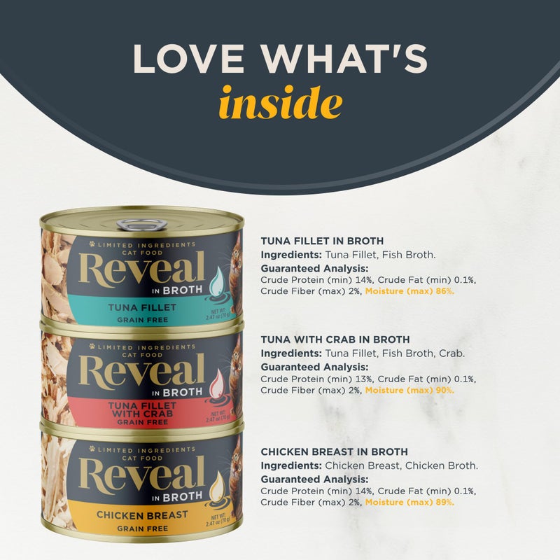 Reveal Natural Wet Canned Cat Food, Limited Ingredient, Grain Free, High Protein with No Artificial Additives, Fish and Chicken Variety in Broth, (12 x 2.47 oz Cans) - Image 3