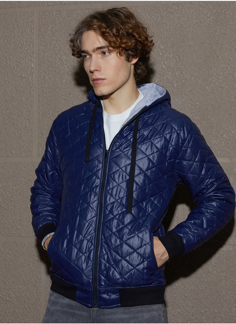 Campus Sutra Men's Indigo Blue Rhombus-Quilted Bomber Jacket