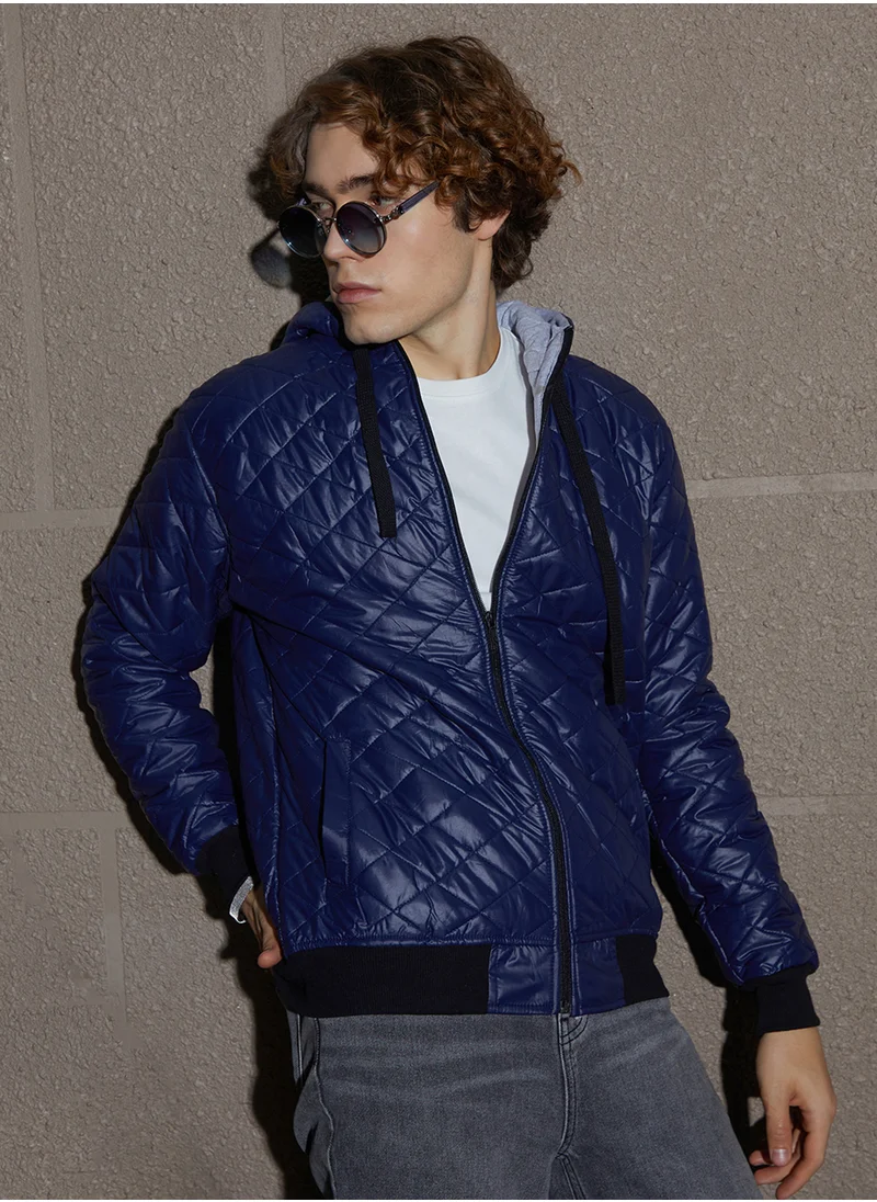 Campus Sutra Men's Indigo Blue Rhombus-Quilted Bomber Jacket