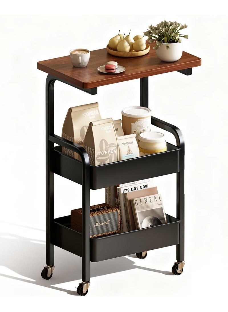 Bukela 3-Tier Rolling Cart with Wooden Tabletop, Metal Utility Storage Cart with Wheels, Multifunctional Movable Serving Cart, for Office, Book Organizer for Classroom, Home, Bedroom - Image 1