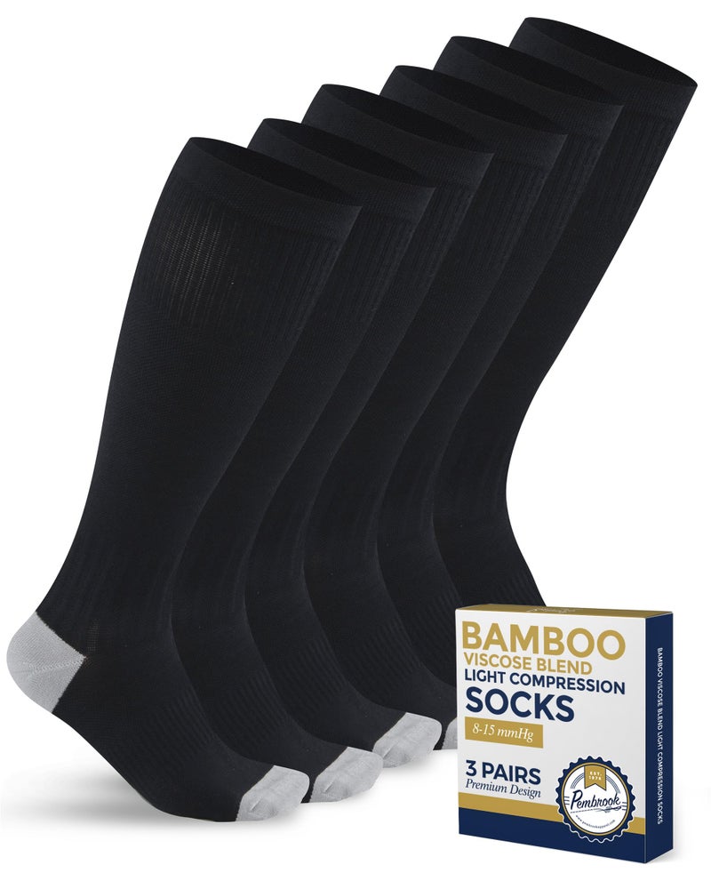 Pembrook Bamboo Viscose Light Compression Socks - 3 Pairs | Mens and Womens Compression Socks 8-15 mmHg | Mens and Womens Light Compression Socks for Circulation | Black - Image 1