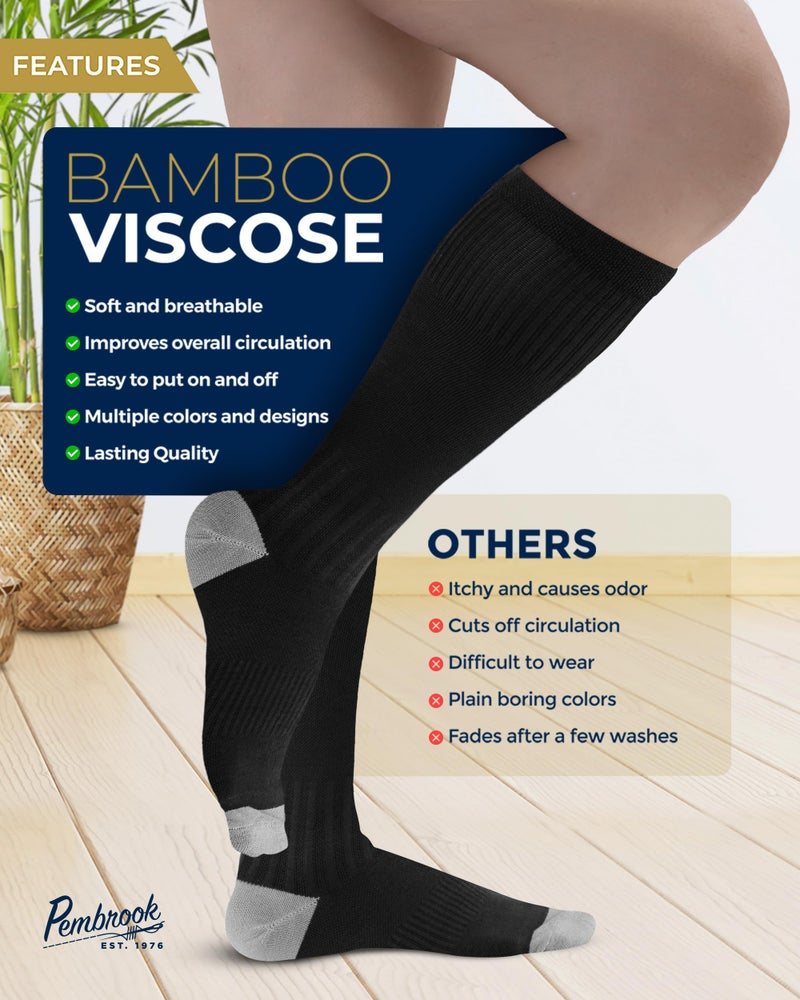 Pembrook Bamboo Viscose Light Compression Socks - 3 Pairs | Mens and Womens Compression Socks 8-15 mmHg | Mens and Womens Light Compression Socks for Circulation | Black - Image 4