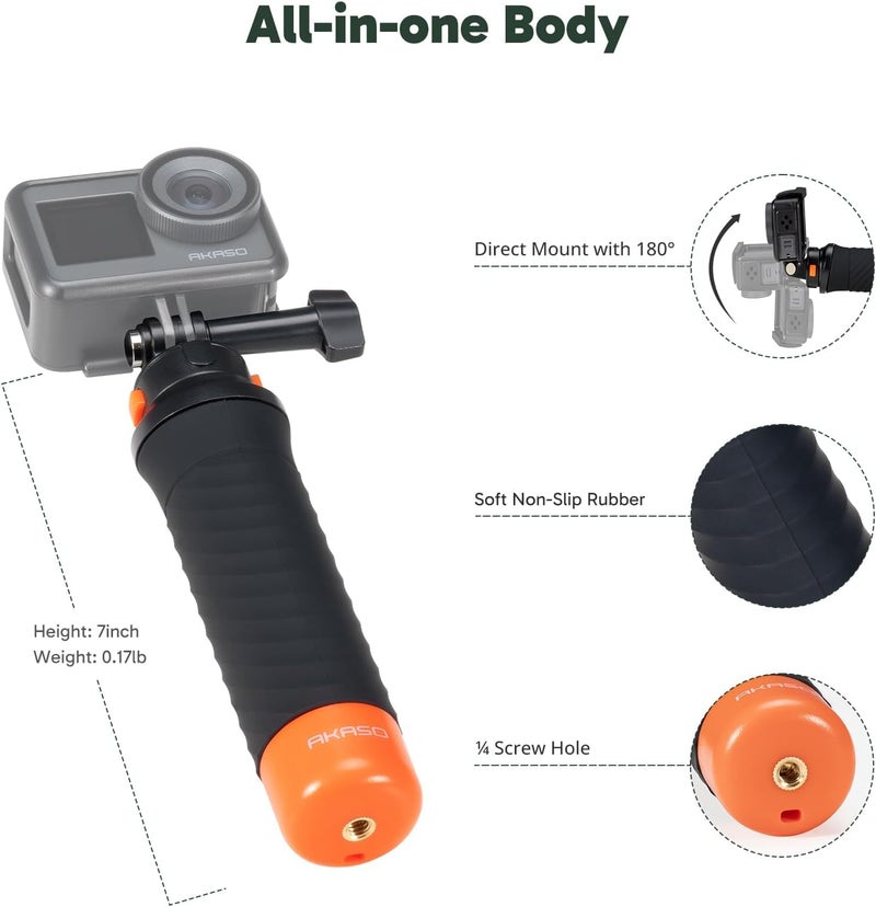 AKASO Waterproof Floating Hand Grip Compatible with AKASO Action Cameras EK7000/Brave 4/Brave 7 LE/Brave 7/Gogro Hero12/11/10/ 9/Max/DJI Osmo Action, Handle Mount Accessories for Water Sports - Image 2