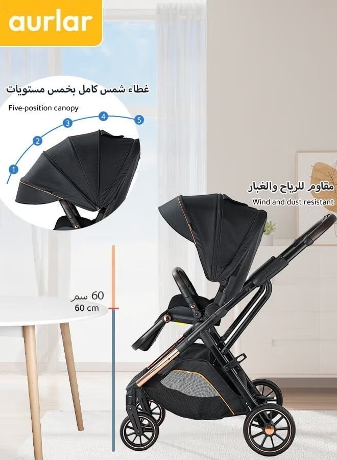 الأورلار عربة أطفال عالية قابلة للطي بوجهين، سلة نوم كبيرة قابلة للفصل لحماية العمود الفقري، مقعد بثلاثة أوضاع، بمظهر أنيق ومقبض من الجلد، تتحمل الأوزان العالية - Image 3