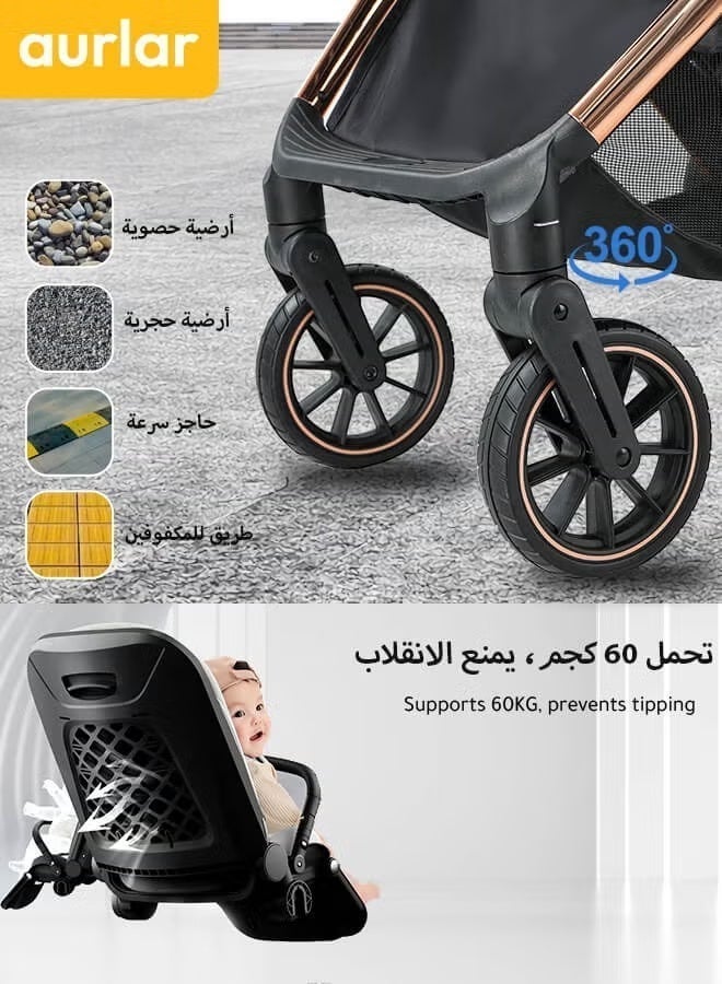 الأورلار عربة أطفال عالية قابلة للطي بوجهين، سلة نوم كبيرة قابلة للفصل لحماية العمود الفقري، مقعد بثلاثة أوضاع، بمظهر أنيق ومقبض من الجلد، تتحمل الأوزان العالية - Image 5