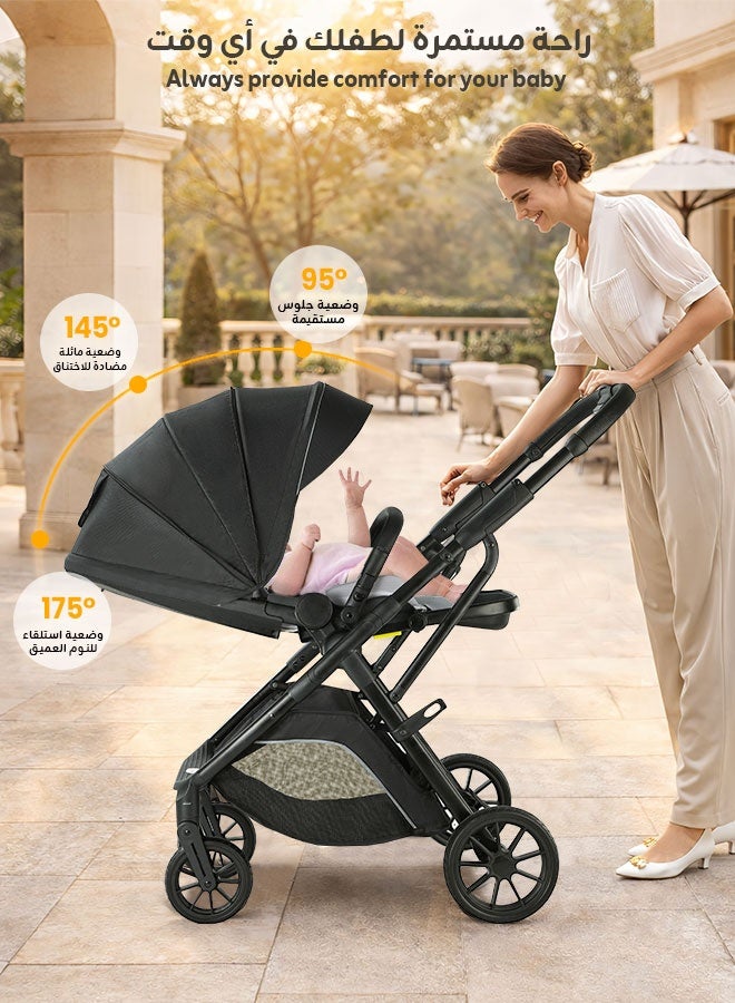 Aurlar Two-Way Baby Stroller, High View Luxury Fabric Stroller, One-Hand Fold (Seat Facing Forward or Backward), Large Shock-Absorbing Wheels, Adjustable Seat Angle, Spacious Storage (Black) - Image 5