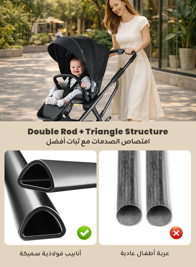Aurlar Two-Way Baby Stroller, High View Luxury Fabric Stroller, One-Hand Fold (Seat Facing Forward or Backward), Large Shock-Absorbing Wheels, Adjustable Seat Angle, Spacious Storage (Black) - Image 3